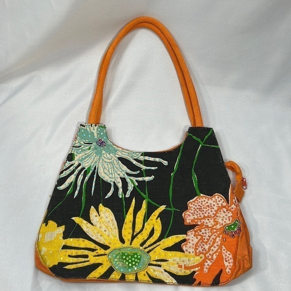 Plastic canvas floral island beach shoulder bag, sequins, rope handles zipper - Picture 2 of 8